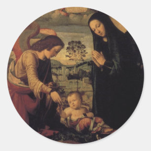 Pegatina Redonda Adoración del niño con Ángel