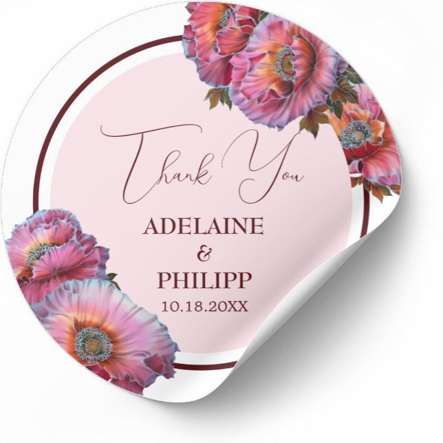 Pegatina Redonda Adormidera en flor | Elegante Floral Gracias Boda (Subido por el creador)