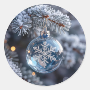 Pegatina Redonda Adorno de copo de nieve de cristal de Navidad