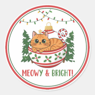 Pegatina Redonda Adorno de gato de Navidad caprichoso