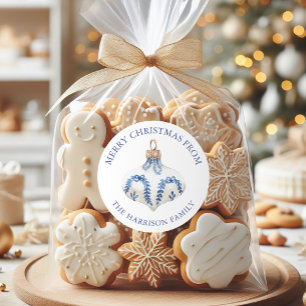Pegatina Redonda Adorno de Navidad de Acuarela Azul Regalo