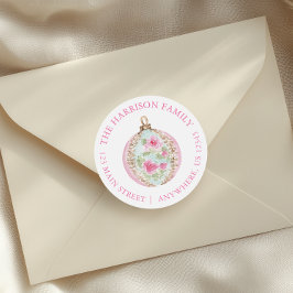 Pegatina Redonda Adorno de Navidad de Acuarela Rosa Dirección de De