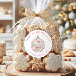 Pegatina Redonda Adorno de Navidad de Acuarela Rosa Regalo