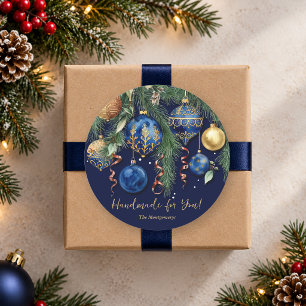 Pegatina Redonda Adornos de Navidad dorados y azules hechos a mano