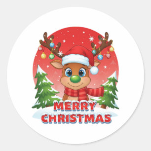 Pegatina Redonda Adornos de renos de Navidad lindos con sombrero de