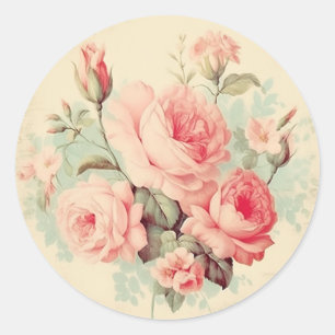 Pegatina Redonda Adornos Deteriorados, Rosa Shabby Chic