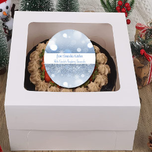 Pegatina Redonda Adornos Navideños Copos de Nieve Brillan Azul Blan