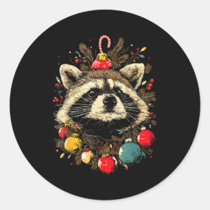 Pegatina Redonda Adornos Navideños de Mapache Lindo Festivo Navidad