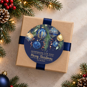 Pegatina Redonda Adornos Navideños de Oro y Azul Hechos a Mano para