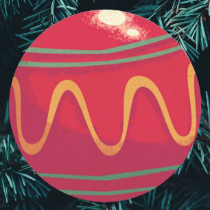 Pegatina Redonda Adornos Navideños Retro Rojo y Verde