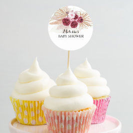 Pegatina Redonda Adornos para cupcakes de hierba Pampas Boho Borgoñ