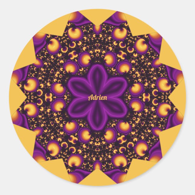 Pegatina Redonda ADRIEN ~ OYE OPENER ~ Naranja morado amarillo negr (Anverso)