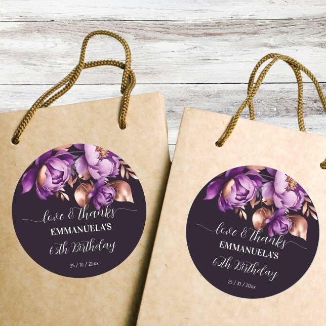 Pegatina Redonda Adultos Cumpleaños fiesta púrpura favor gracias (Adults Birthday party purple favor thank you Stickers rose gold purple flowers favor stickers)