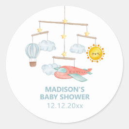 Pegatina Redonda Adventure Airplane Hot Air Balloon Baby Shower 