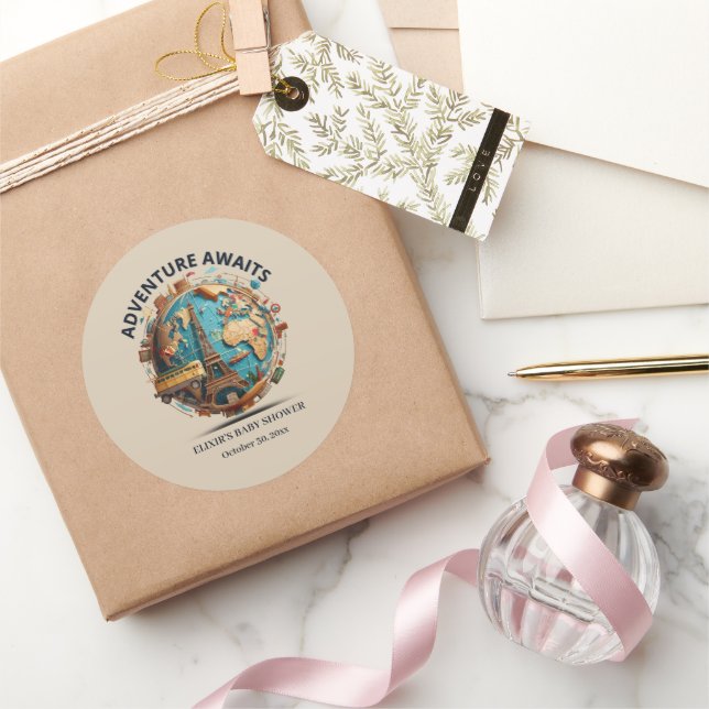 Pegatina Redonda Adventure Awaits Modern Globe Baby Shower (Regalar)