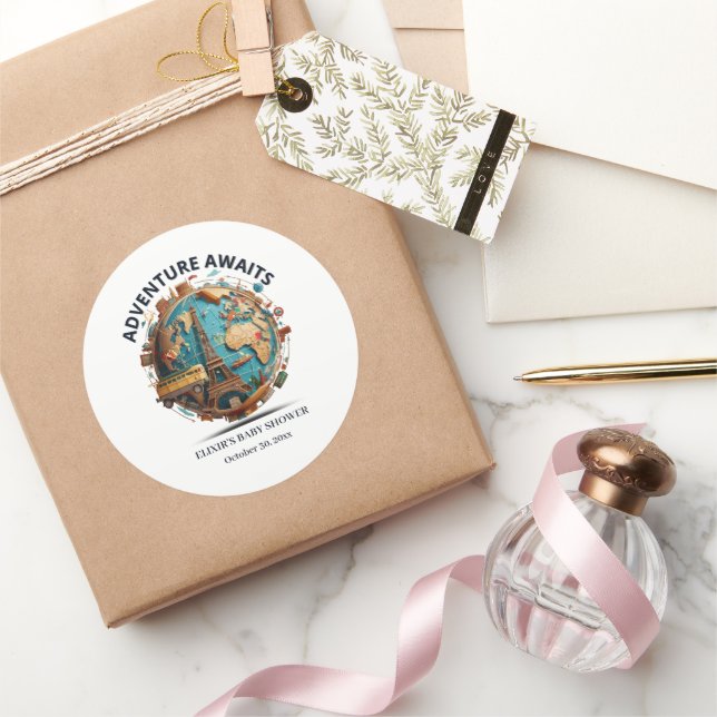 Pegatina Redonda Adventure Awaits Modern Globe Baby Shower (Regalar)