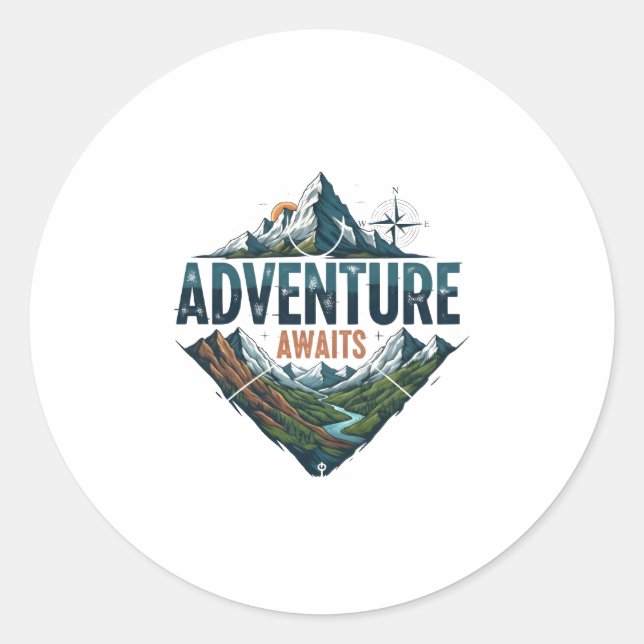 Pegatina Redonda Adventure Awaits Peaks & Valleys Classic Stickers. (Anverso)