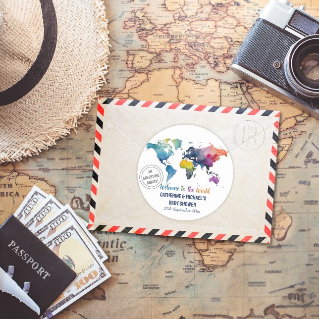 Pegatina Redonda Adventure Awath World Map Travel Baby Shower (Subido por el creador)
