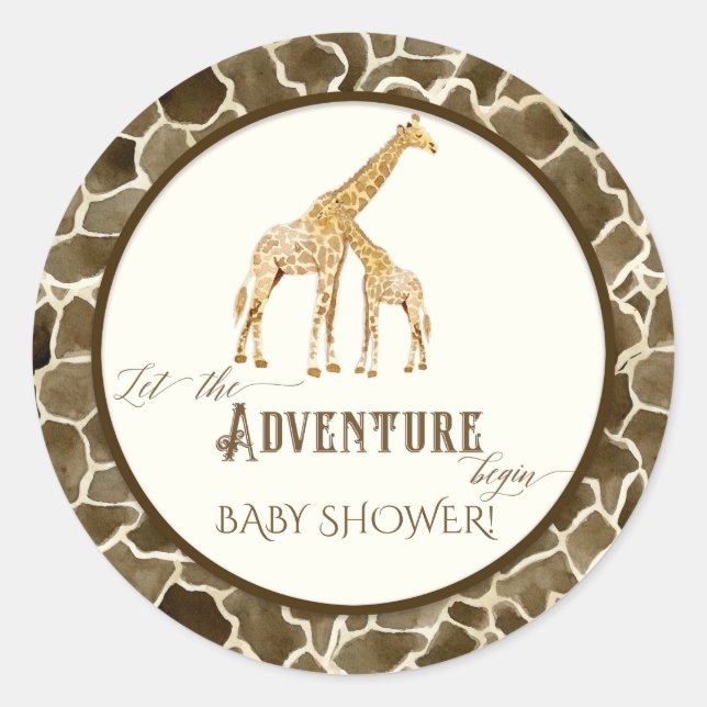 Pegatina Redonda Adventure Baby Boy Shower Watercolor Giraffe Tema (Anverso)