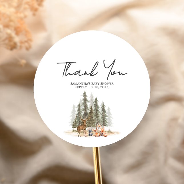 Pegatina Redonda Adventure Begin Woodland Animals Baby Shower (Let the Adventure Begin Woodland Animals Baby Shower Sticker)