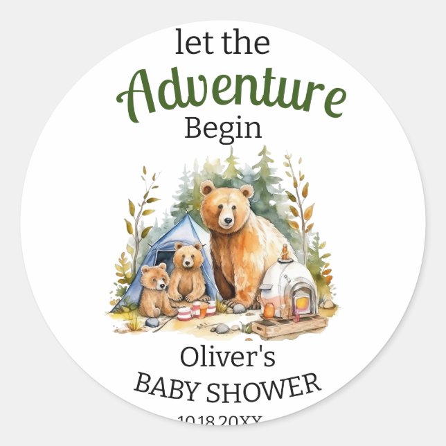 Pegatina Redonda Adventure Begin Woodland Baby Shower (Anverso)