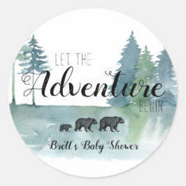 Pegatina Redonda Adventure Begins Watercolor Bears Baby Shower