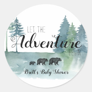 Pegatina Redonda Adventure Begins Watercolor Bears Baby Shower