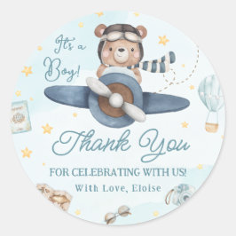 Pegatina Redonda Adventure Cute Bear Blue Plane Boy Baby Shower