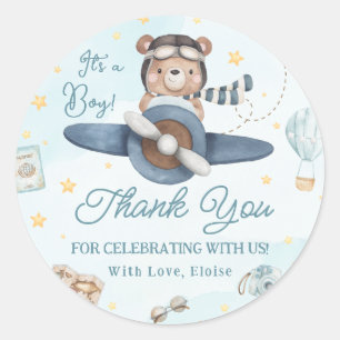 Pegatina Redonda Adventure Cute Bear Blue Plane Boy Baby Shower