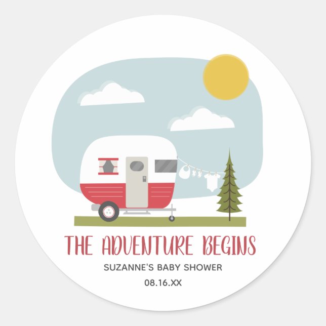 Pegatina Redonda Adventure Red Camper Clothesline Baby Shower (Anverso)
