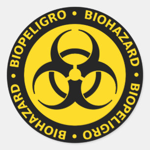 Pegatina Redonda Advertencia bilingüe amarilla del Biohazard