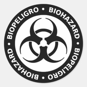 Pegatina Redonda Advertencia bilingüe negra y blanca del Biohazard