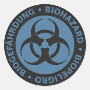 Pegatina Redonda Advertencia trilingüe azul descolorada del