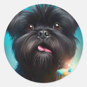 Pegatina Redonda Affenpinscher celebrando la tarta de los globos de