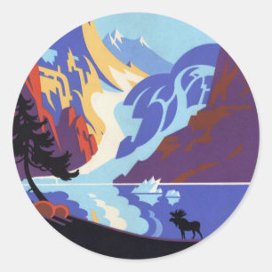 Pegatina Redonda Afiche de Viajes de Alaska, Atlin y el Yukón