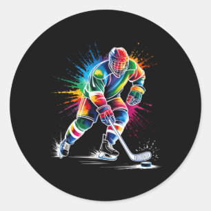Pegatina Redonda Aficionado Colorido de Hockey sobre Hielo con Corb