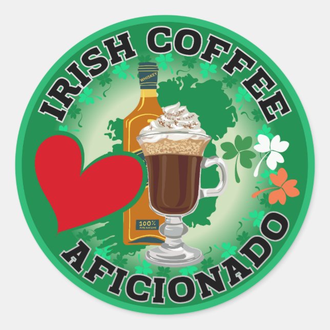 Pegatina Redonda Aficionados al café irlandés. (Anverso)