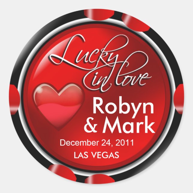 Pegatina Redonda Afortunado en Las Vegas, New weds Casino Chip (Anverso)