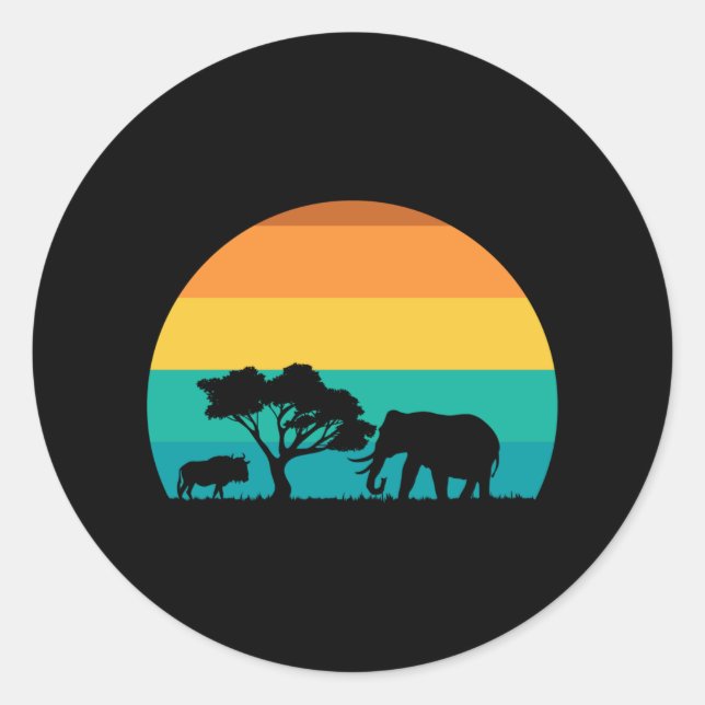 Pegatina Redonda Africa Sunset Con Elefante Y Gnu Retro (Anverso)