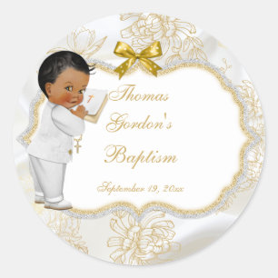 Pegatina Redonda African American Baby Boy Baptism Gold Cross