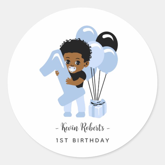 Pegatina Redonda African American Blue Baby Boy 1st Birthday   (Anverso)