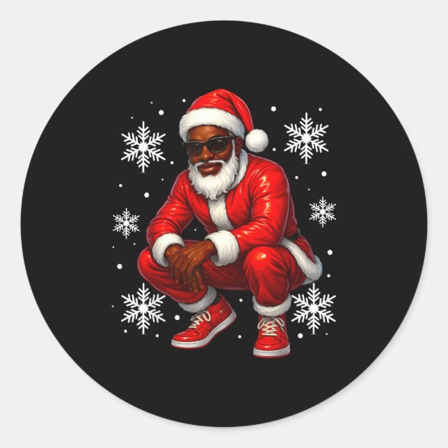 Pegatina Redonda African American Cool Santa Claus Christmas Pajama (Anverso)