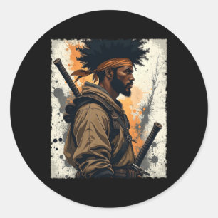 Pegatina Redonda Africano Samurai Afro Americano Bushido Warrido Ka
