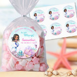 Pegatina Redonda Afro mermaid Birthday Party - Under the Sea Splish<br><div class="desc">Add a special touch to your table with these Afro mermaid Round Sticker, accompanied by a cute turquoise octopus and colorful sea creatures; they are the perfect combination of magic and fantasy. Ideal for a "Let's Be Mermaids" birthday party, a tropical ocean-themed party, an Under the Sea Mermaid birthday, a...</div>