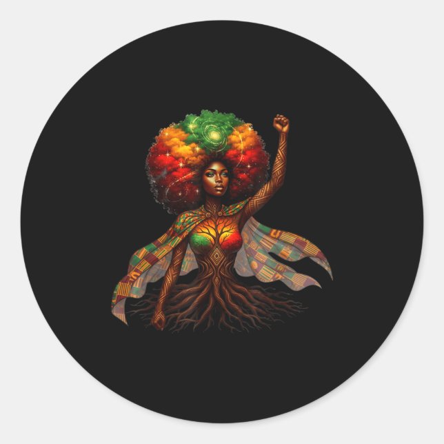 Pegatina Redonda Afro Queen Black Woman African Roots Melanin Black (Anverso)
