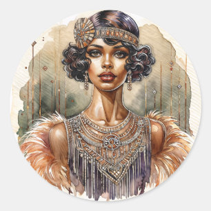 Pegatina Redonda Afroamericana Flapper Art Deco