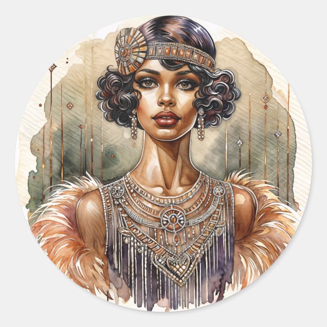Pegatina Redonda Afroamericana Flapper Art Deco (Anverso)