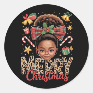 Pegatina Redonda Afroamericana Navidad Moño Desordenado Mamá Negra