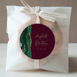 Pegatina Redonda Agate Emerald Green Gold Script Burgundy Boda