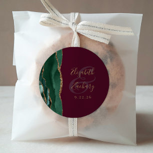 Pegatina Redonda Agate Emerald Green Gold Script Burgundy Boda